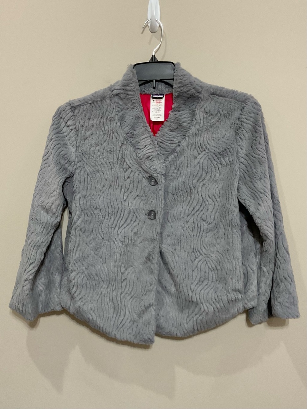 Patagonia Snow Jacket Feather Grey Faux Fur Fleece Womens Sz Medium 3/4 Sleeve